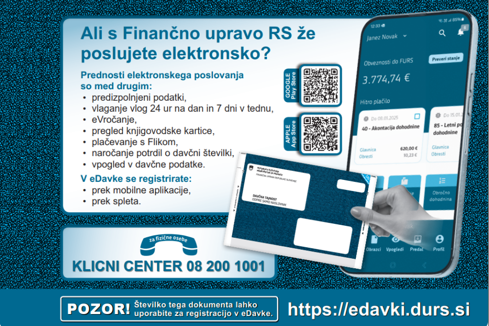 Izgled zunanje strani informativnega izračuna dohodnine, na katerem je mobilni telefon z naloženo aplikacijo eDavki, opisane so tudi prednosti eDavkov in kontaktni center na Finančni upravi