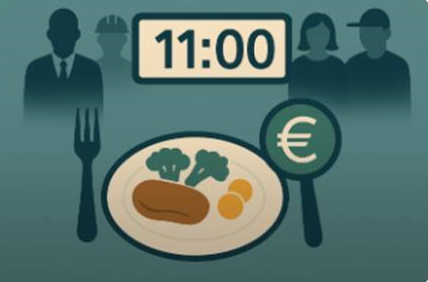 Računalniško generirana simbolična slika, na kateri je na krožniku malica, ura, ki kaže 11:00, zadaj pa stojojo delavci