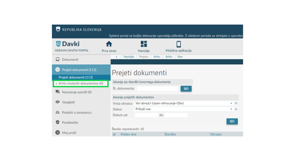 Zaslonski posnetek spletnega portala eDavki, kjer je označeno, kje se nahaja Arhiv dokumentov. 