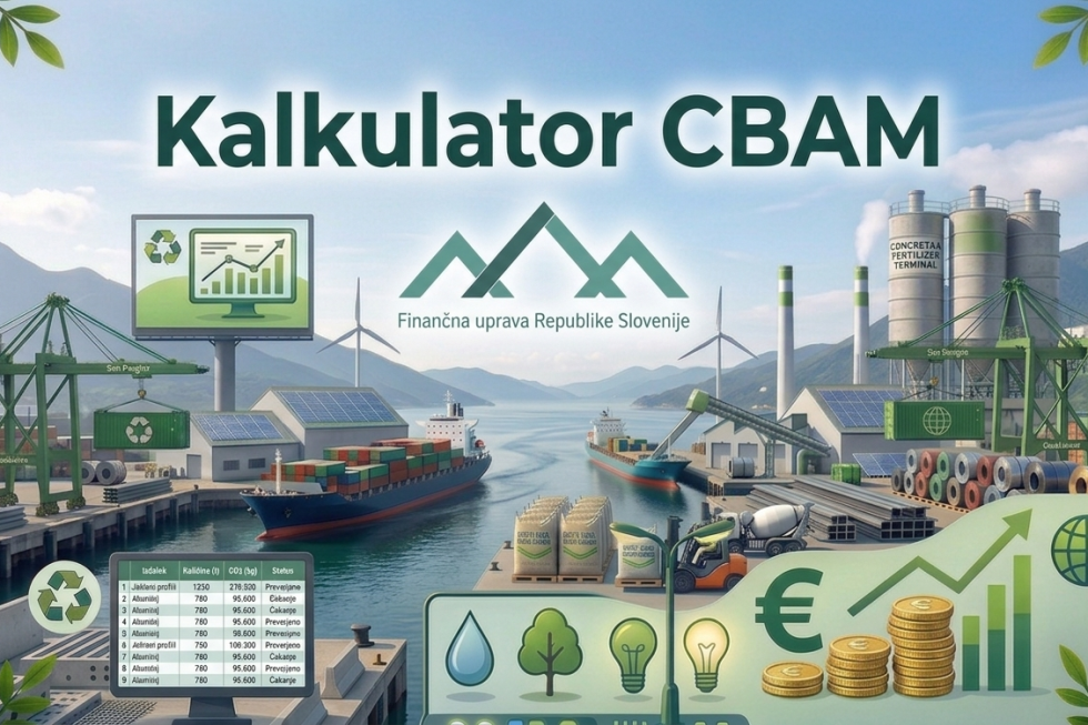 Slika, generirana z umetno inteligenco, na kateri je napis Kalkulator CMAM, spodaj je znak Finančne uprave, v ozadju pa slika pristanišča