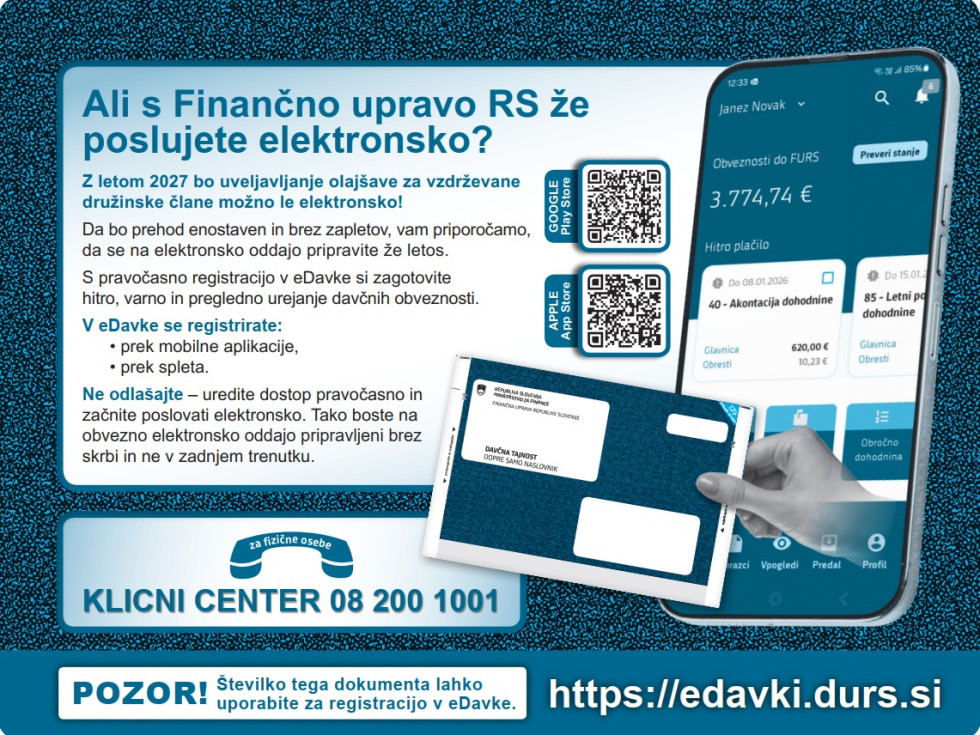 Izgled zunanje strani informativnega izračuna dohodnine, na katerem je mobilni telefon z naloženo aplikacijo eDavki, opisane so tudi prednosti eDavkov in kontaktni center na Finančni upravi