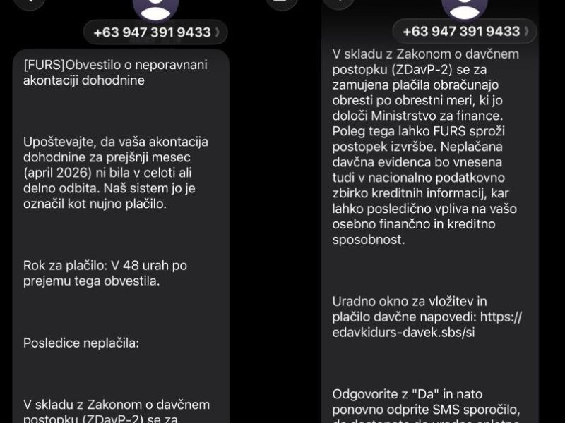 Prevarantsko sporočilo, ki zavezanca napotuje na Finančno upravo