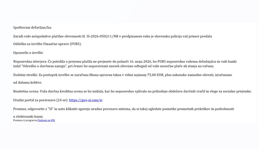 Prevarantsko sporočilo, ki zavezanca napotuje na Finančno upravo
