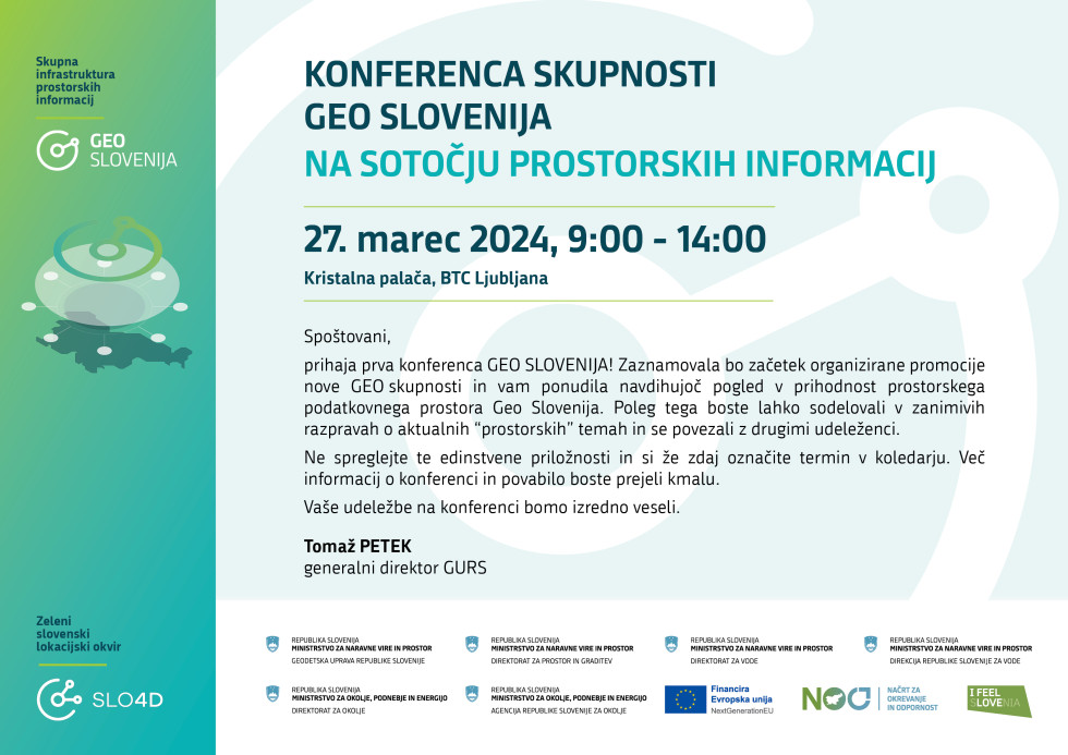 Plakat z najavo Konference skupnosti GEO Slovenija, z vpisanimi podatki o datumu, uri in lokaciji dogodka