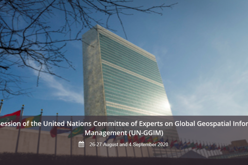 Pozdravna slika spletnega zasedanja Odbora strokovnjakov Združenih narodov za globalno upravljanje prostorskih informacij (UN-GGIM), ki je bil desti po vrsti.