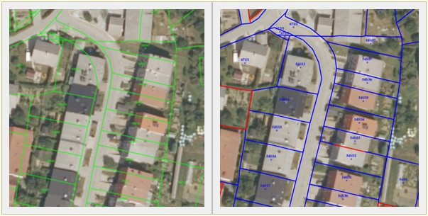 Na ortofotu prikaz naselja in stanja pred in po lokacijski izbolšavi.