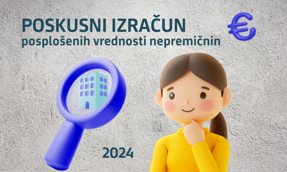 Logotip poskusnega izračuna posplošenih vrednosti nepremičnin - slika nepremičnine pod povečevalno lupo, ob kateri je doprsna grafika deklice