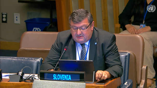 Moški sedi za računalnikom, ob njem mikrofon, pred njim tablica z napisom Slovenija