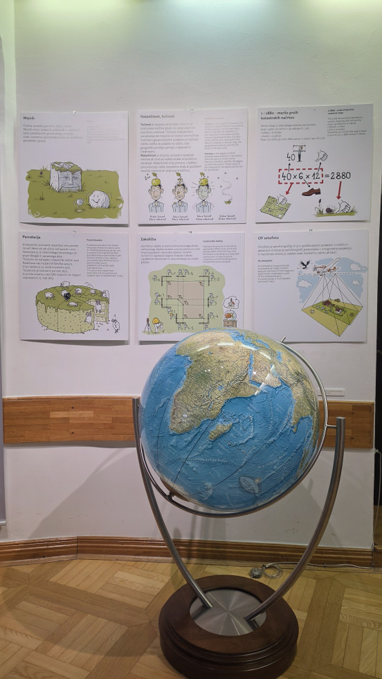 Velik globus na stojalu pred razstavnimi panoji o geodeziji in kartografiji.