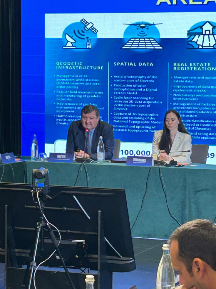 Moški in ženska sedita za konferenčno mizo pred velikim zaslonom s predstavitvijo Geodetske uprave Republike Slovenije