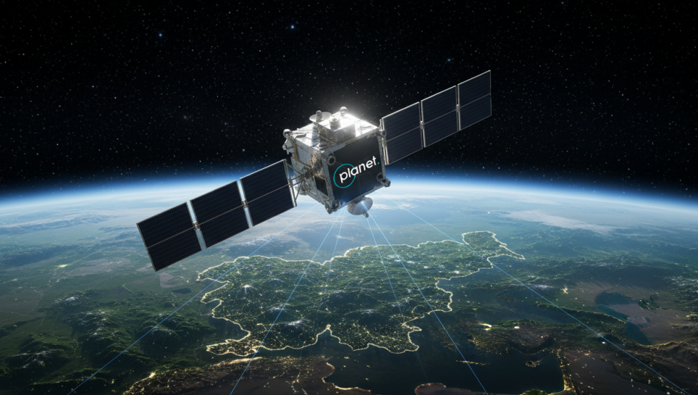 Slika je generirana z umetno inteligenco in prikazuje satelit nad ozemljem Slovenije 