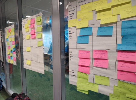 Več velikih listov papirja z mrežo polj je pritrjenih na stekleno steno, po njih so razporejeni barvni samolepilni listki z ročnimi zapiski.