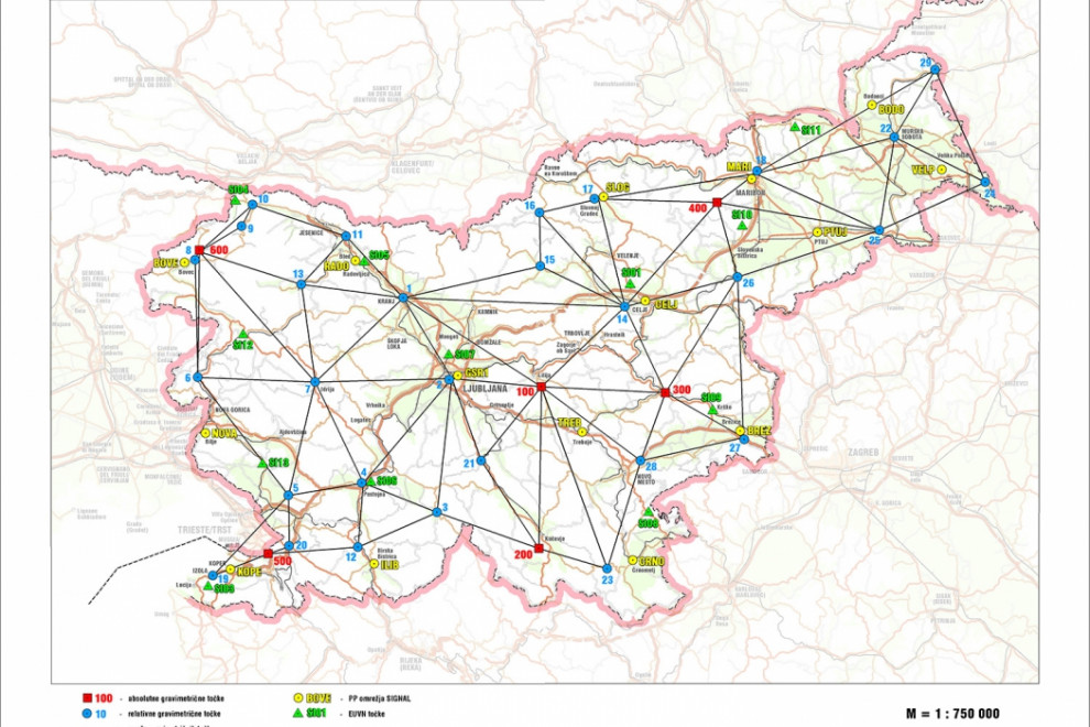 Slika geodetskega referenčnega sistema z vrisanimi absulutnimi in relativnimi gravimetričnimi točkami, EUVN točkami in postajami omrežja SIGNAL.