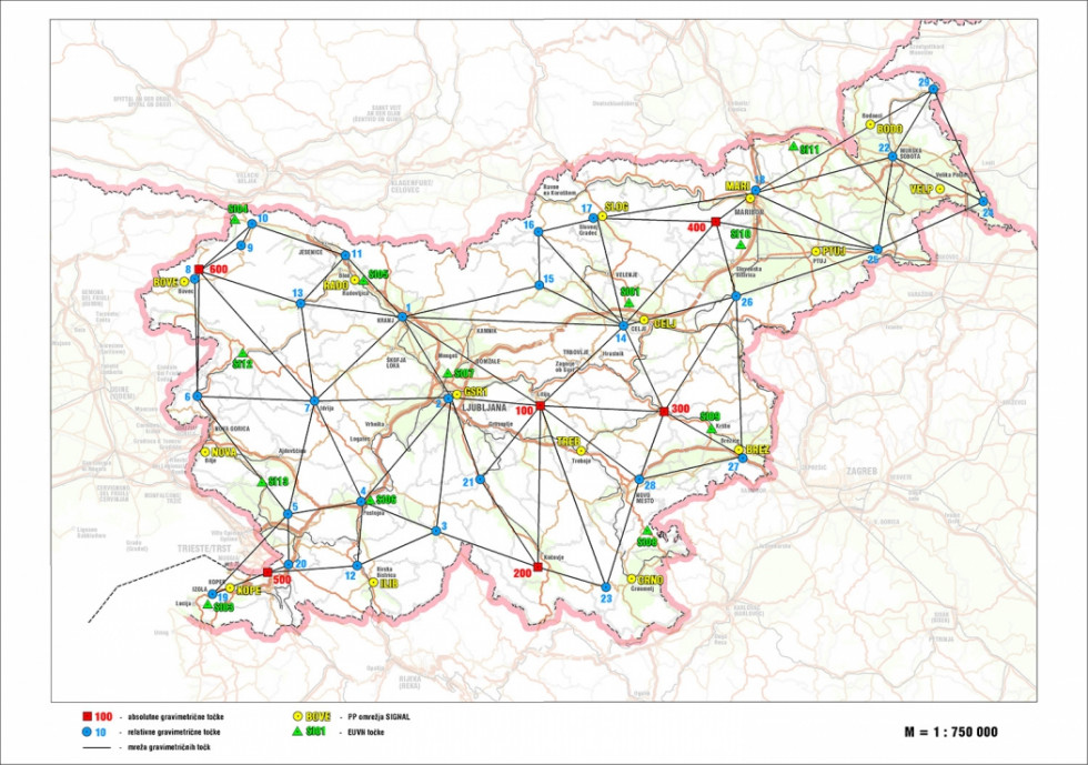 Slika geodetskega referenčnega sistema z vrisanimi absulutnimi in relativnimi gravimetričnimi točkami, EUVN točkami in postajami omrežja SIGNAL.