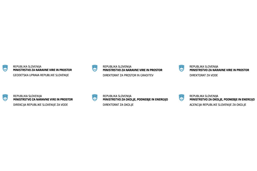 Logotip Geodetske uprave Republike Slovenije, Direktorata za prostor in graditev, Direktorata za vode, Direkcije Republike Slovenije za vode, Direktorata za okolje in Agencije Republike Slovenije za okolje.