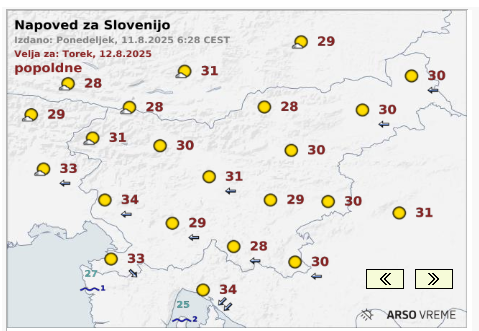 Zemljevid Slovenije z vpisanimi temperaturami
