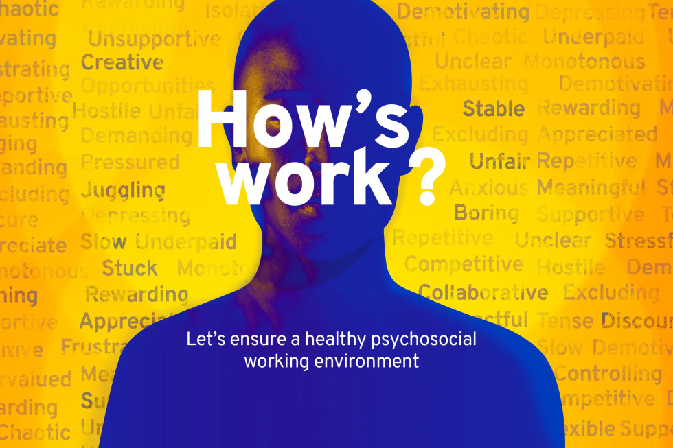 Letak svetovnega dneva varnosti in zdravja pri delu 2026 z napisom v angleščini: How's work? Let's ensure a healthy psychosocial working environment