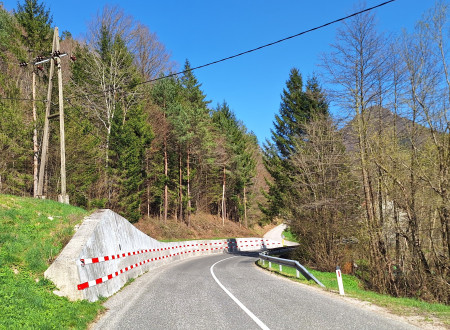 cesta v gozdu, ki ima na levi strani varovalni podporni zid, ki ima nameščeno ograjo za vodenje motoristov