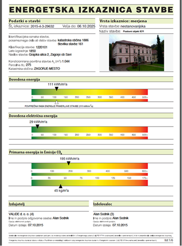 Na sliki je primer Energetske izkaznice kjer so navedeni vsi potrebni podatki.