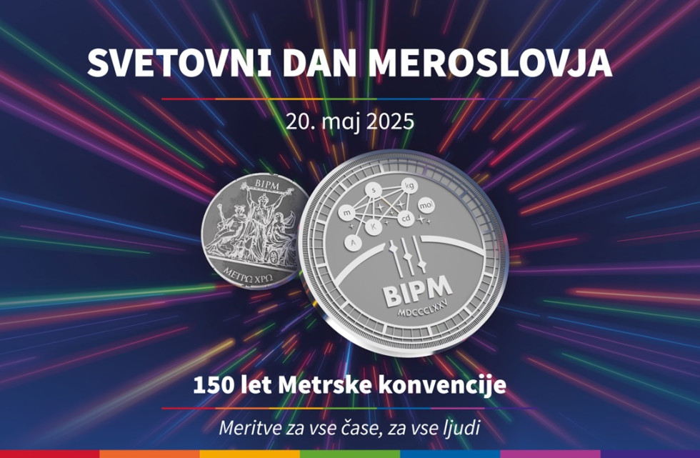 Uradni plakat dogodka z dvema srebrnima kovancema in mavričnimi žarki ter napisom SVETOVNI DAN MEROSLOVJA, 20. maj 2025