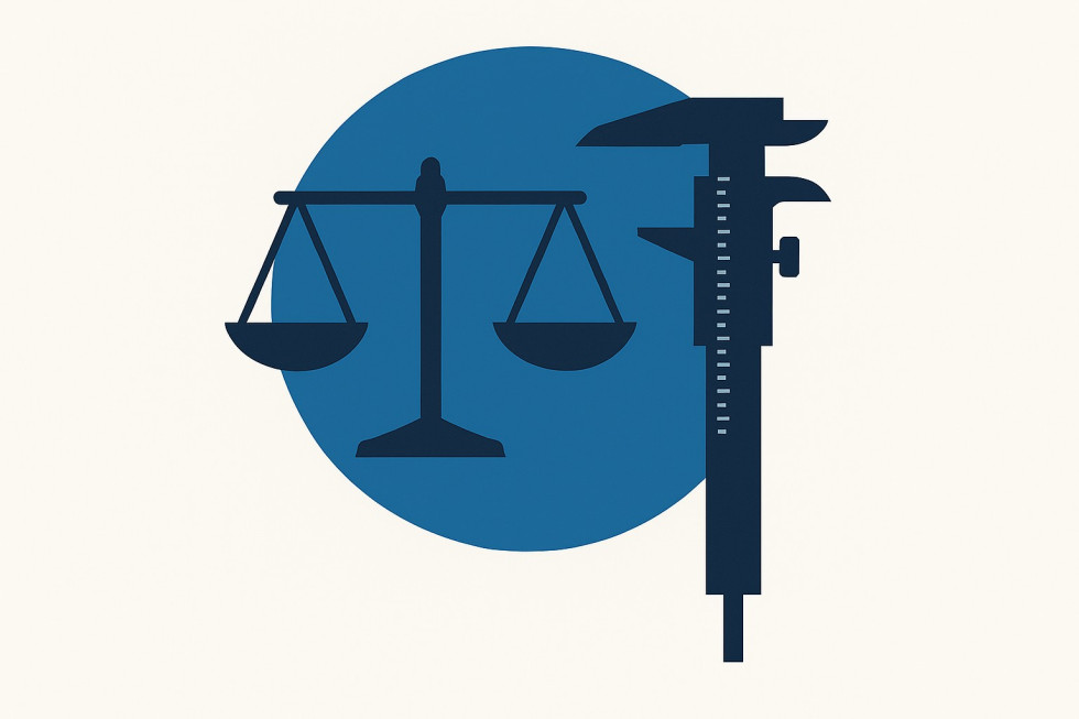 Na sliki je v ozadju moder krog in pred njim dvokraka tehtnica ter kljukasto merilo.