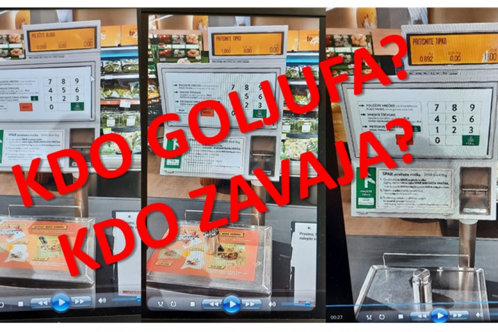 Kolaž treh slik s tehtnicami na katerih je na 1. merilni površini pokrov, na 2. pokrov z utežjo in na 3. brez pokrova z utežjo ter napisom KDO GOLJUFA? KDO ZAVAJA? 