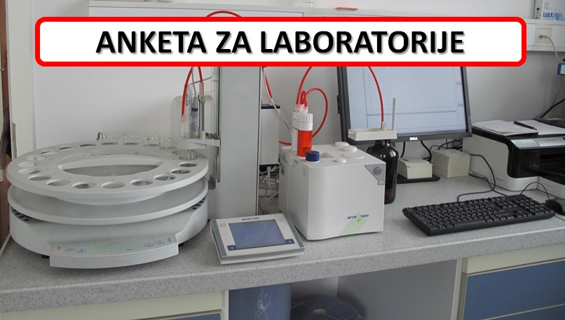Na sliki je laboratorij z različno opremo in na vrhu piše z velikimi črkami ANKETA ZA LABORATORIJE.