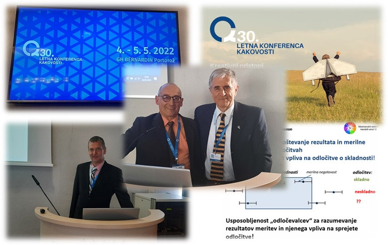Lepljenka 5 slik iz konference, na katerih so trije predavatelji na konferenci, plakat konference in izsek iz predavanja o merilni negotovosti.
