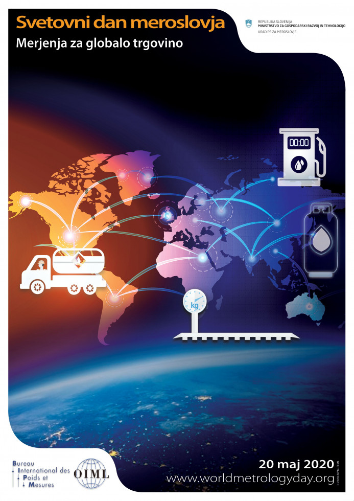 Barvni plakat s sliko vseh kontinentov, ki so med seboj povezani z mrežnimi črtami in dalje s tovornim vozilom, merilno napravo in cesto. Vse skupaj predstavlja naslov plakata "Merjenja za globalno trgovino".