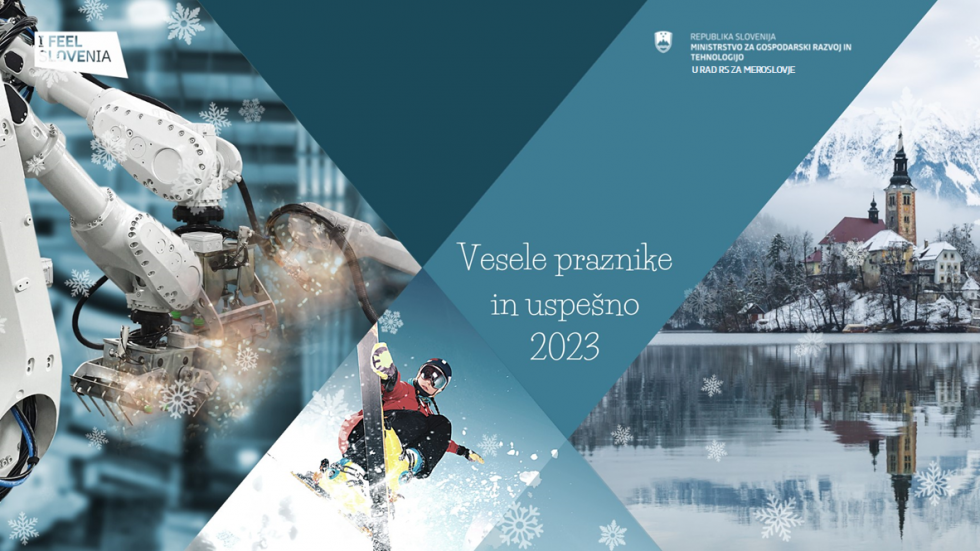 Voščilnica z napisom, Vesele praznike in uspešno 2023. Poleg je slika robotskega stroja, Bled in smučar.