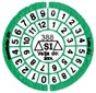 Green circle with a circular calendar in it. From the outside in, the dials are following for years and months, and in the middle, there is a scale marked with SI.