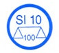 A round blue sign containing two-sided scales. The letters SI and number 10 are above the scales and below it the number 100.