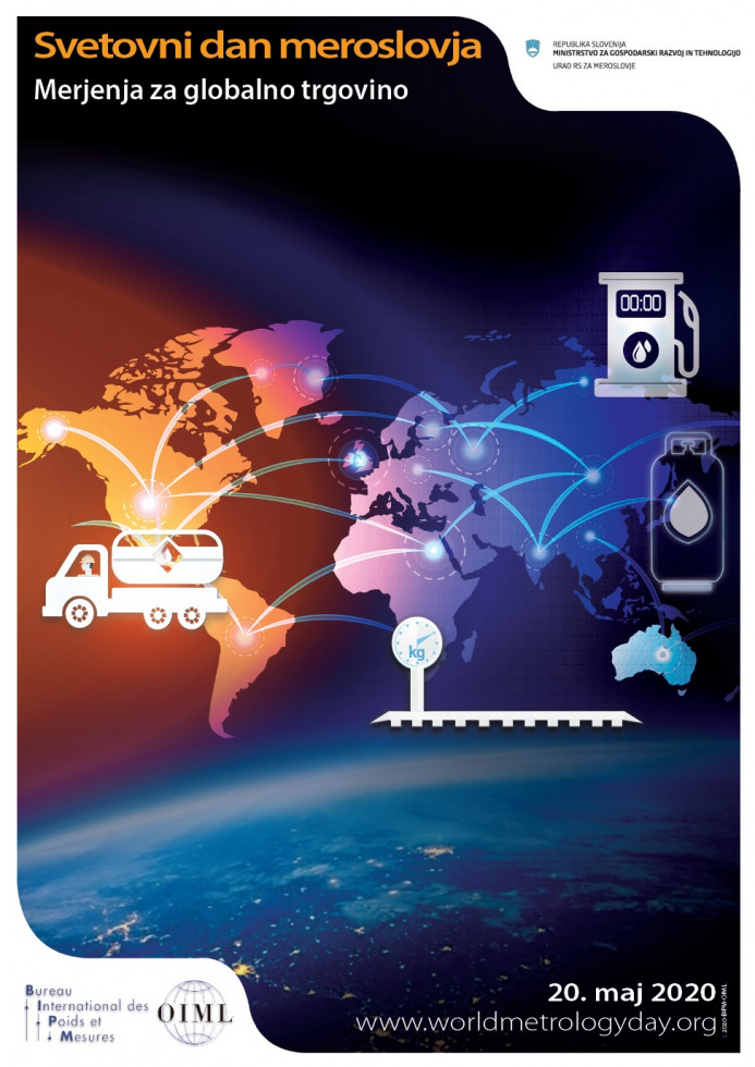 Plakat ponazarja temo dneva meroslovja "Merjenja za globalno trgovino", zato z žarki povezuje vse kontinente s tovornim vozilo in merilom v obliki bencinske črpalke.