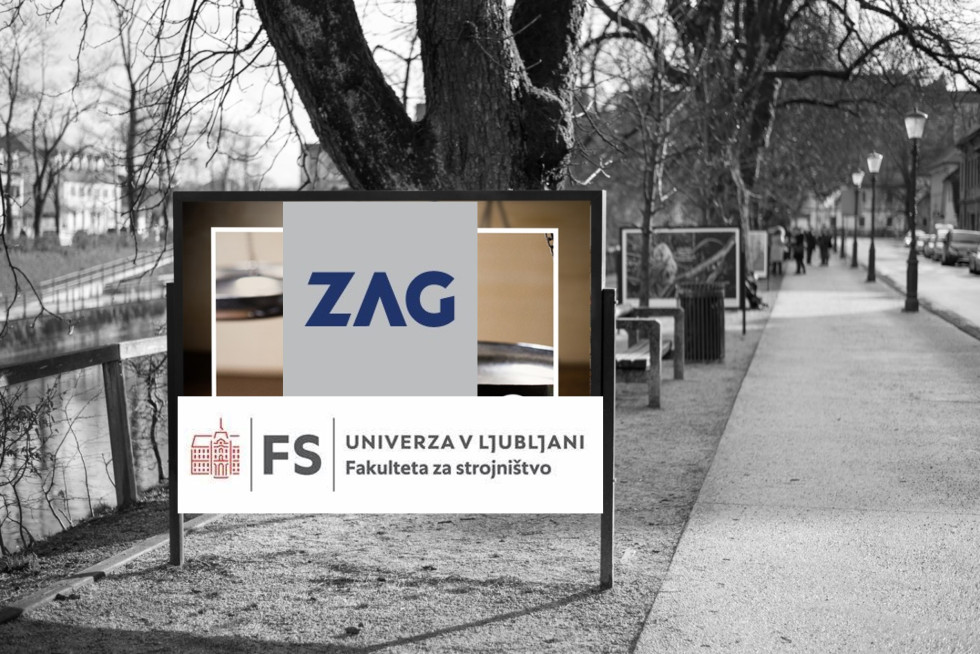 Drevored v katerem je pano in na njem logotip ZAG in logotip Fakulteta za strojništvo