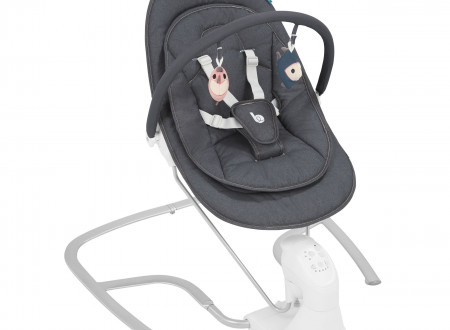 Stilček za dojenčka v temno sivi barvi na kovinskem podstavku in napravo, ki stol guga