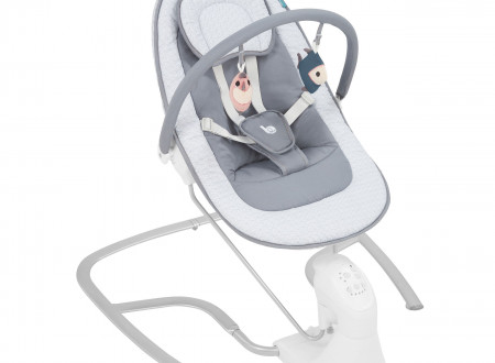 Stilček za dojenčka v belo/svetlo sivi barvi na kovinskem podstavku in napravo, ki stol guga
