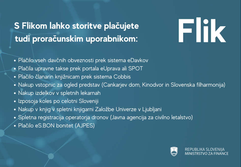 Grafični prikaz možnih plačil storitev proračunskih uporabnikov prek sistema Flik. Z njim lahko med drugim plačujete davčne obveznosti, upravne takse, članarine knjižnicam, vstopnice za ogled predstav in druge podobne storitve proračunskih uporabnikov.