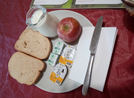 Tradicionalni slovenski zajtrk v Zavodu za prestajanje kazni zapora Koper, Oddelek Nova Gorica: kruh, maslo, med, jabolko in mleko na krožniku