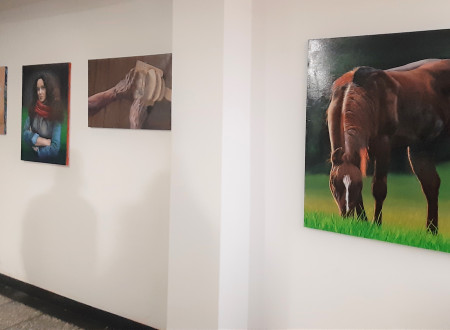 Razstava slik, v ospredju slika konja na travniku