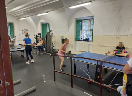 Prostor z dvema mizama za namizni tenis, kjer se odvija tekmovanje, v ozadju dve sodnici