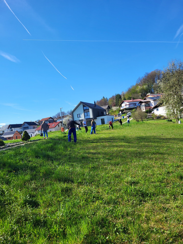 Udeleženci na travniku aktivno kopljejo sadilne jame in sadijo drevesa. Osebe so na razdalji in se ne vidijo njihovi obrazi. V ozadju hiše.