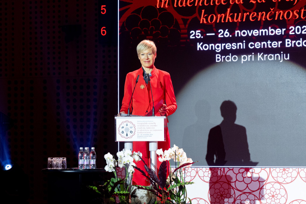 The Director of the Intellectual Property Office stands on stage. Behind her is a large screen with a presentation.