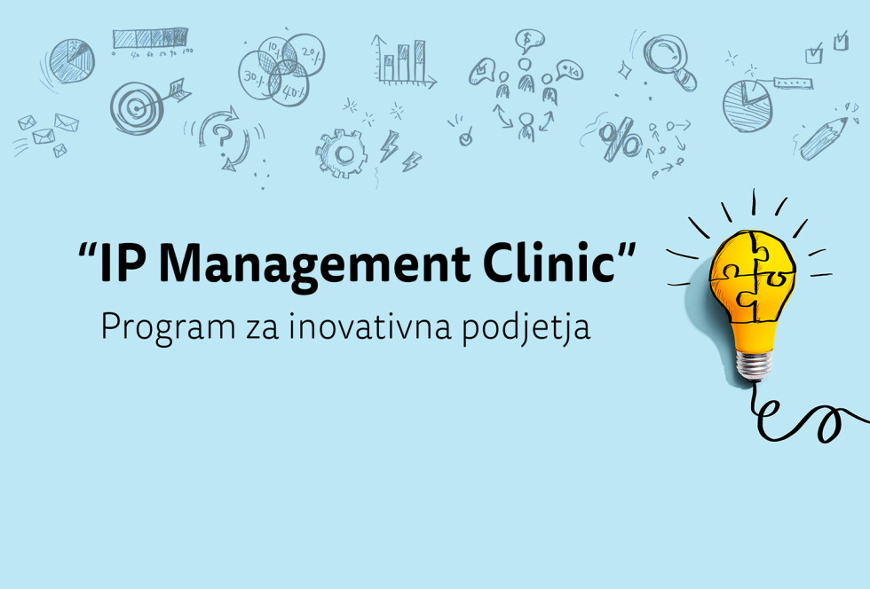svetlo modra podlaga z napisom ip management clinic, program za inovativna podjetja, stilizirano žarnico s podobo sestavljanke v rumeni barvi
