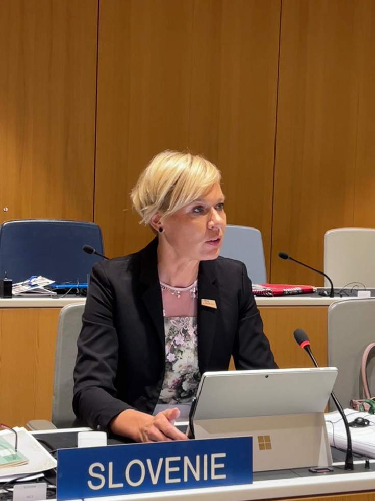 direktorica med branjem izjave, pred njo mikrofon in napis slovenie