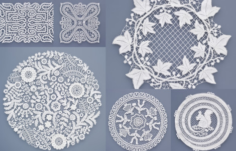 Idrijska čipka foto (a collage of various lace motifs on a pale blue background)