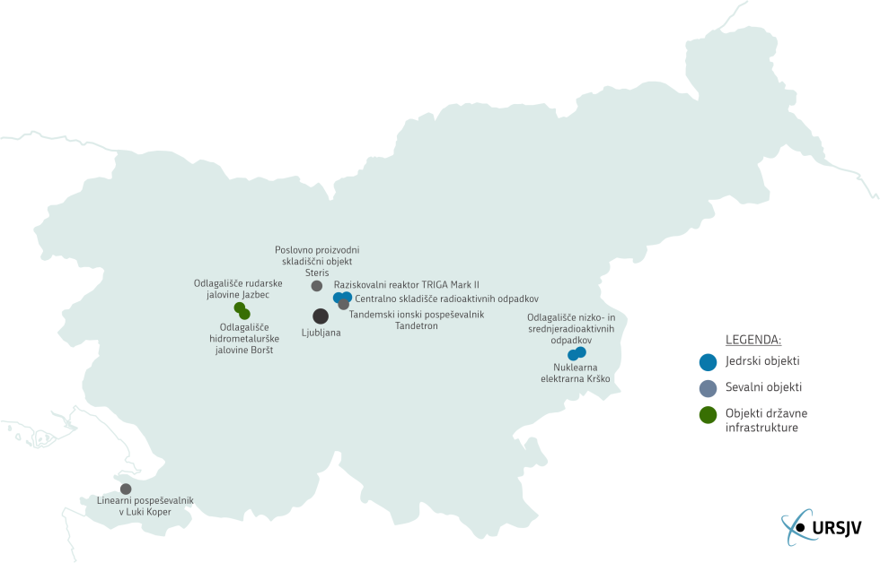 Na zemljevidu Slovenije so označeni jedrski objekti in objekti državne infrastrukture v Sloveniji
