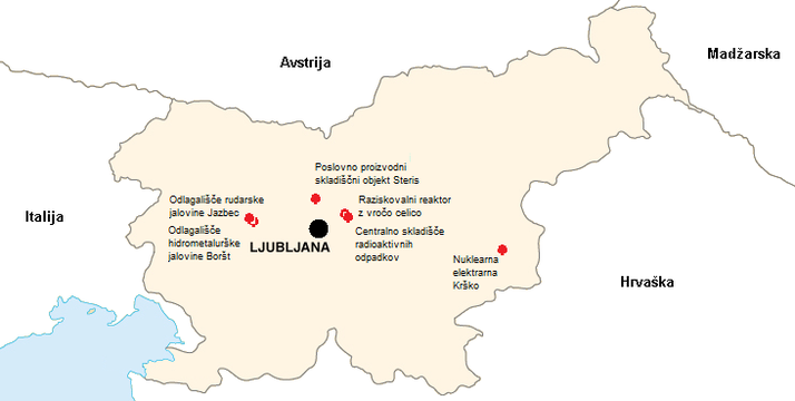 Na zemljevidu Slovenije so označeni jedrski in sevalni objekti v Sloveniji
