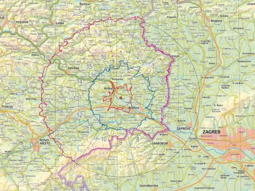V sredini zemljevida je Jedrska elektrarna Krško in okoli elektrarne so vrisane tri krožnice območij - 3, 10 in 25 kilometrov.