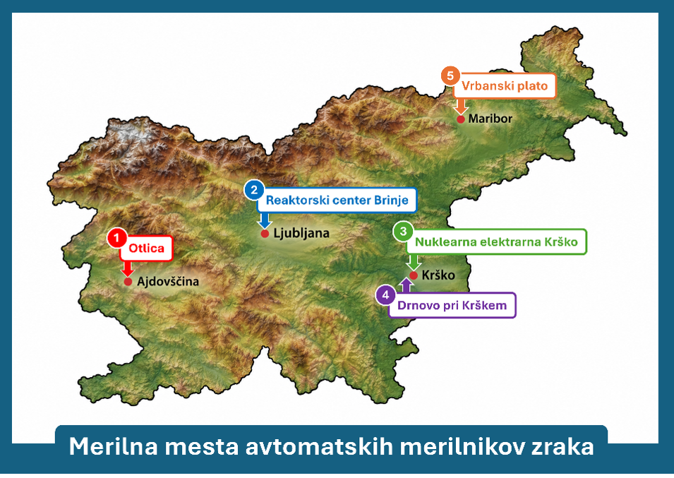 zemljevid slovenije z označenimi štirimi merilniki zraka: Otlica, Brinje, NEK, Maribor 