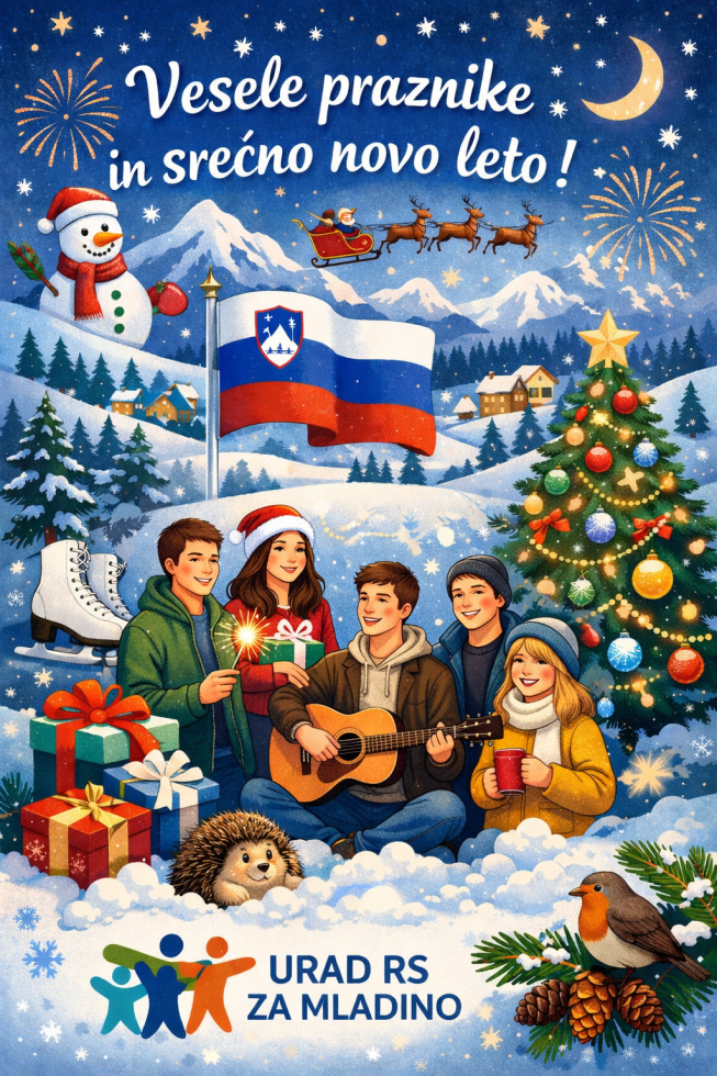 Narisana novoletna voščilnica. Trije fantje in dve mladenki sedijo v snegu. Fant ima kitaro. Za njimi novoletna jelka, slovenska zastava, snežak in zasneženo pobočje.